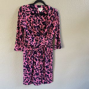Milly of New York 100% Silk dress Pink Blue Print 3/4 Sleeve Ruched Waist